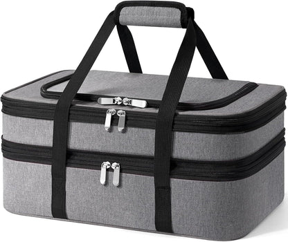 Double Insulated Casserole Carrier - Portable Casserole Carriers for Hot or Cold Food Lunch Tote Warmer or Cooler Bag for Potluck Parties Picnic Cookouts, Fits 9" x 13" Baking Dish - Grey