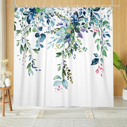 Eucalyptus Shower Curtain, Watercolor Green Leaves Plant Floral Spring Nature Waterproof Fabric Machine Washable with Hooks for Bathroom Bathtub Decor 60Wx72H