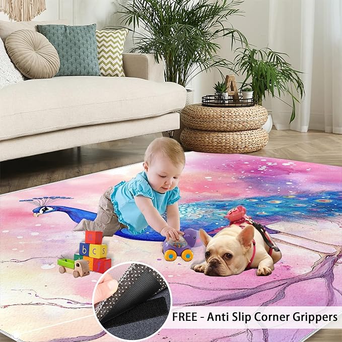 Peacock Rugs for Living Room - 5x6 Rug, Fantasy Peacock Area Rugs for Bedroom, Peafowl Rug, Girls Room Washable Carpet, Aesthetics Carpet - Peafowl Home Decor & Gifts
