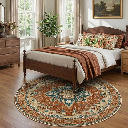 RELEANY Area Rugs Round 7ft Washable Non-Slip, Floral Vintage Distress Print Pattern Medallion Carpet for Living Room Bedroom Dining Room, Red Orange Blue Brown