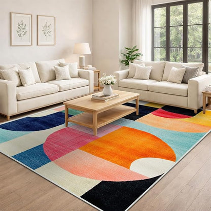 8x10 Colorful Area Rug Modern Abstract Orange Yellow Pink Blue White Beige Black Bedroom Rug Low Pile Thin Large Carpet Living Room Non Slip Dining Room Stain Resistant Office Washable Machine
