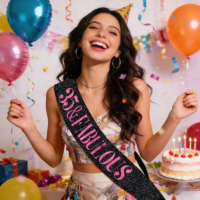 35 & Fabulous Sash, Funny 35th Birthday Sash for Women 35th Bday Party Photo Prop Favors Suppiles, Pink Foil Letter, Glitter Black