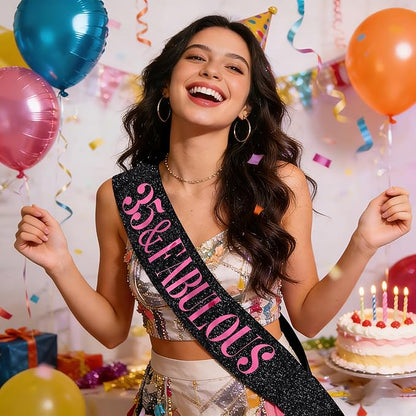 35 & Fabulous Sash, Funny 35th Birthday Sash for Women 35th Bday Party Photo Prop Favors Suppiles, Pink Foil Letter, Glitter Black