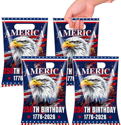 Hokinaa 250th Anniversary Goodie Bag - 50 Pcs 250 Birthday Plastic Merchandise Gift Treat Party Favors Candy Bags Bulk with Handles Patriotic America Decorations Decor Supplies for 4th of July USA
