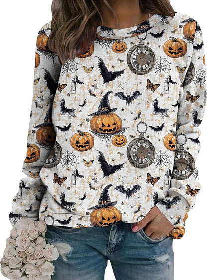 LIZALIG Pullover Cute Sweatshirt Orange Skeleton Fall Festive FunWomens Design Bat Holiday Party Outings Pumpkin Print