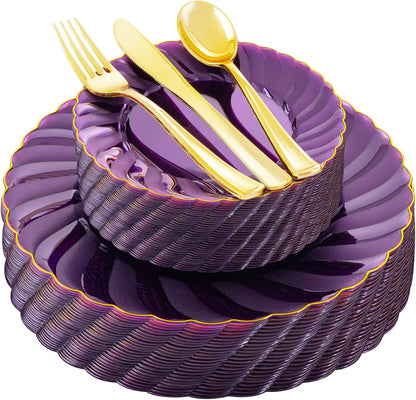 YOUBET 125PCS Purple Plastic Dinnerware Set - Gold and Clear Purple Disposable Plates Include 50 Plastic Plates 75 Silverwares for Wedding Birthday Parties