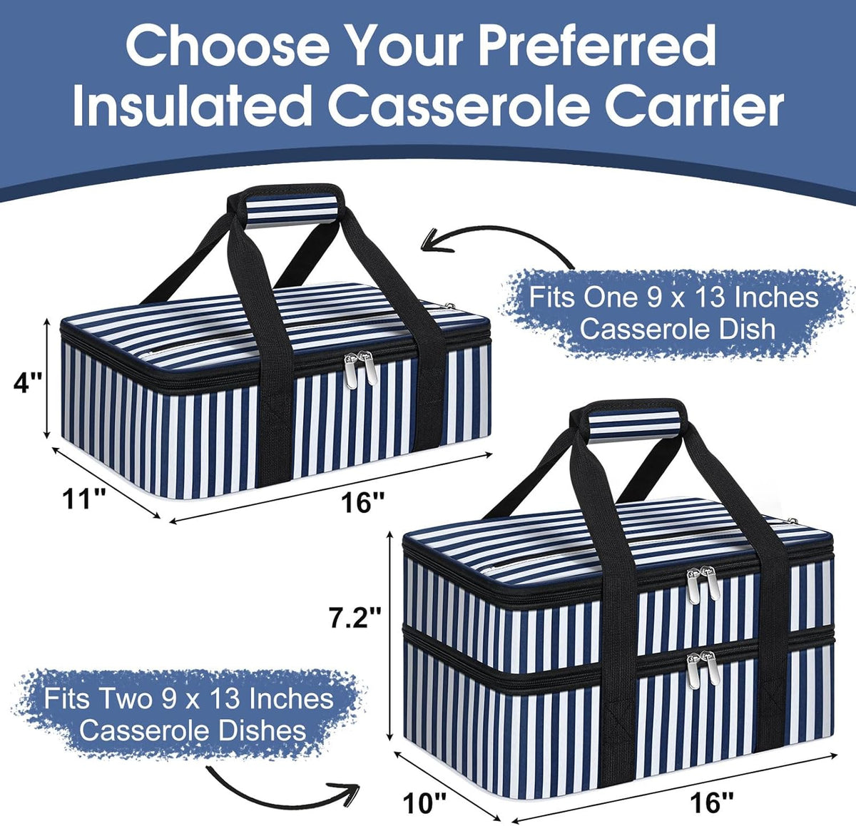Insulated Casserole Carrier, Portable Casserole Carrier for Hot or Cold Food Lunch Tote Warmer or Cooler Bag, Lasagna Lunch Bag for Potluck Parties- Fits 9" x 13" Baking Dish-Blue Stripes