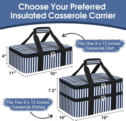 Insulated Casserole Carrier, Portable Casserole Carrier for Hot or Cold Food Lunch Tote Warmer or Cooler Bag, Lasagna Lunch Bag for Potluck Parties- Fits 9" x 13" Baking Dish-Blue Stripes