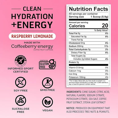 Ascent Clean Hydration + Energy Electrolytes Powder - 100mg Caffeine, 400mg Electrolytes, No Artificial Ingredients, Raspberry Lemonade 40 Servings