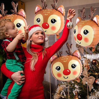 6 Pcs Reindeer Balloons, 21 x 26 Inch Reindeer Head Foil Balloons, Christmas Deer Balloon for Christmas Winter-Themed Birthday Parties Festival Decoration
