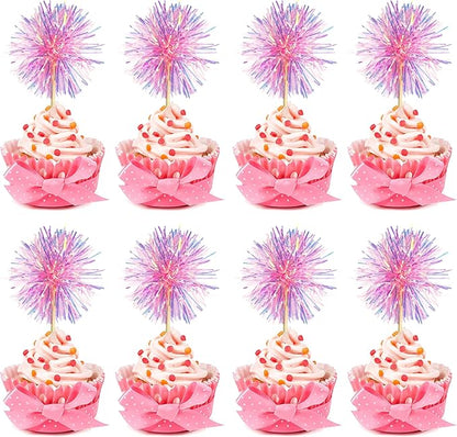 30PCS Foil Firework Cupcake Toppers, Happy Birthday Pink Cake Toppers, Sparkle Tinsel Flower Drink Stirrers Cocktail Food Fruit Toothpicks for Xmas Party Birthday Wedding Ceremony