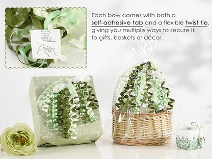 HUIHUANG Curly Bows for Gift Wrapping 7 inch Sage Green/Moss/Ivory Gift Bow with Self Adhesive & Twist Tie Ribbon Bows for Presents, Gift Basket, Wedding Decor, Baby Shower- 6 Counts