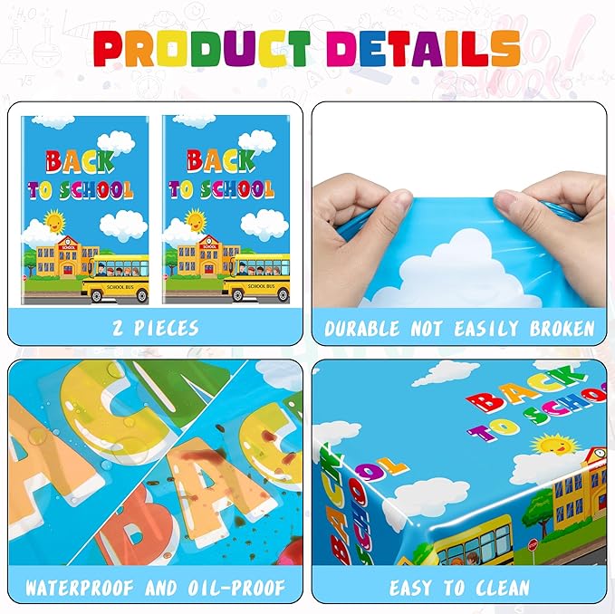 Back to School Supplies, 2 PCS 108 x 54 Inches First Day of School Tablecloth, Disposable Colorful Welcome Back to School Plastic Rectangle School Bus Pattern Tablecover for Preschool Party Decoration