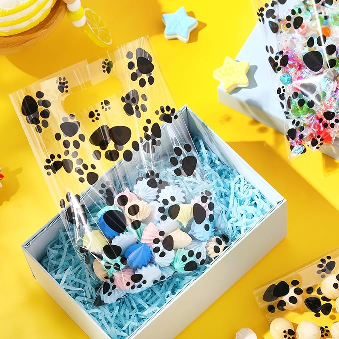 Pasimy 100 Pcs Dog Paw Gift Bags Bulk Pet Paw Puppy Plastic Treat Favor Candy Goodie Bags with Handle for Dog Birthday Party Decoration Supplies(Clear Black)