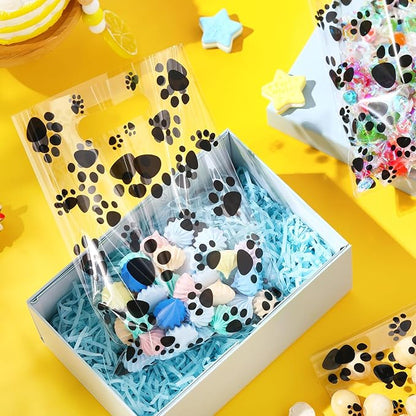 Pasimy 100 Pcs Dog Paw Gift Bags Bulk Pet Paw Puppy Plastic Treat Favor Candy Goodie Bags with Handle for Dog Birthday Party Decoration Supplies(Clear Black)