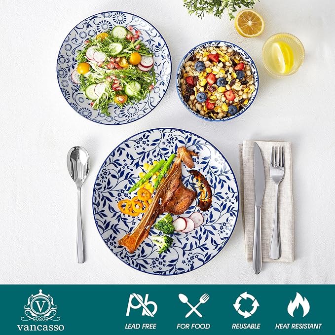 vancasso SELENE Plates and Bowls Set for 4, 12 Pieces Dinnerware Sets, Mircowave and Dishwasher Safe Dishes Set, Porcelain Blue Dinnerware
