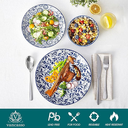 vancasso SELENE Plates and Bowls Set for 4, 12 Pieces Dinnerware Sets, Mircowave and Dishwasher Safe Dishes Set, Porcelain Blue Dinnerware