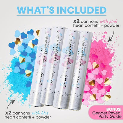 PrimePure Gender Reveal Confetti Cannon - Biodegradable Powder & Heart Shaped Confetti Poppers - 2 Pink & 2 Blue, 4 Pack - Baby Boy or Baby Girl Gender Reveal Smoke Bomb - Powder Cannon Party Poppers