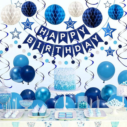 ZERODECO Birthday Decorations, Easy to Assemble Blue Happy Birthday Banner with Honeycomb Ball, Balloon, Hanging Swirl Streamer, Garland, Happy Birthday Party Decorations for Women Men Boys Girls