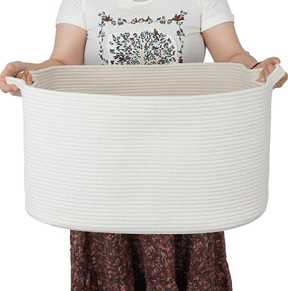 XUANGUO Large Rectangle Blankets Basket Living Room 22"x17"x12" Woven Cotton Rope Storage Baskets for Nursery Toy Baskets for Kids and Dogs Wicker Laundry Basket Bin for Clothes Towels white