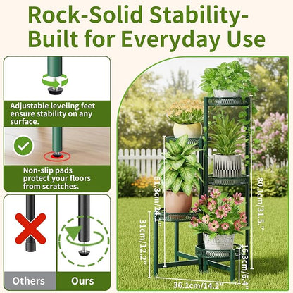 5-Tier Metal Plant Stand Indoor Outdoor, Corner Tall Plant Shelf for Multiple Plants, Foldable Plant Stand, Heavy Duty Flower Stand Holder for House Living Room Balcony Garden Patio -GreenFlower