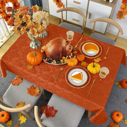 SASTYBALE Jacquard Rectangle Tablecloth, Rusty Spill-Proof Wrinkle Resistant Damask Table Cloth, Soft Polyester Oblong Table Cover for Kitchen Parties Thanksgiving - 60 x 102 Inch Rust