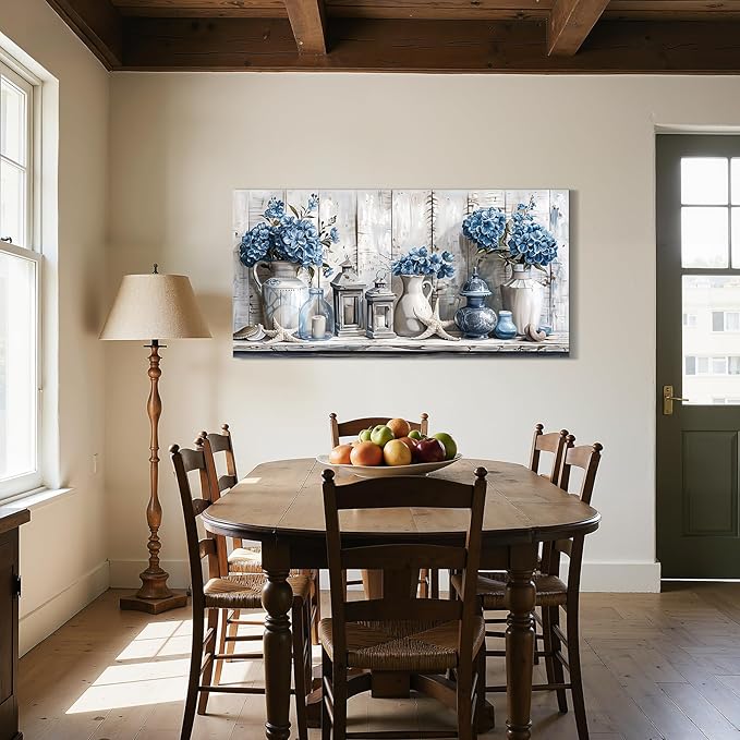 SERIMINO Floral Wall Art, Large Wall Decor, Hydrangea Wall Art, Rustic Beach House Decoration, Blue and Grey Canvas Prints, Earthy Pictures for Living Room Bedroom Mediterranean Farmhouse 24"x48"
