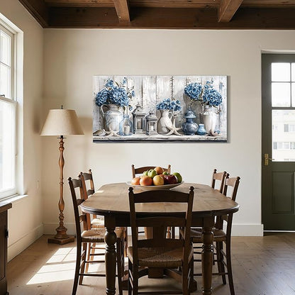 SERIMINO Floral Wall Art, Large Wall Decor, Hydrangea Wall Art, Rustic Beach House Decoration, Blue and Grey Canvas Prints, Earthy Pictures for Living Room Bedroom Mediterranean Farmhouse 24"x48"