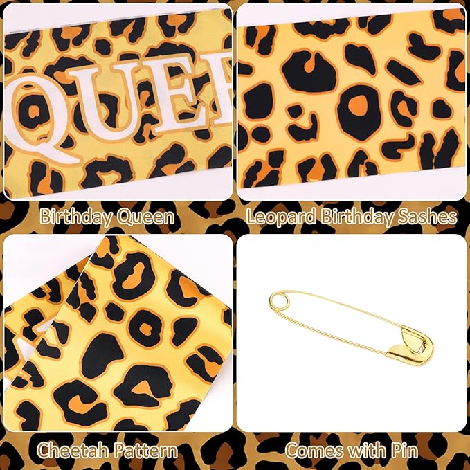 Cheetah Print Happy Birthday Decorations- BIRTHDAY QUEEN Leopard Birthday Sash, Funny Bday Decoration Accessories for Women Party Favors Supplies