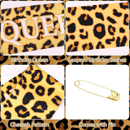 Cheetah Print Happy Birthday Decorations- BIRTHDAY QUEEN Leopard Birthday Sash, Funny Bday Decoration Accessories for Women Party Favors Supplies