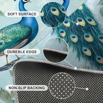Peacock Rugs for Living Room - 3x4 Rug, Classic Peacock Floral Area Rugs for Bedroom, Teal Turquoise Rug, Modern Style Washable Carpet, Aesthetics Carpet - Peafowl Home Decor & Gifts