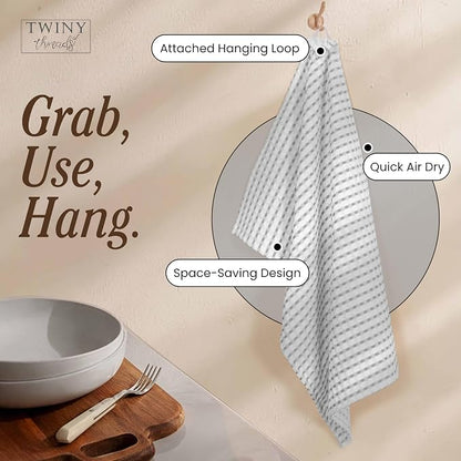 TWINY threads Waffle Kitchen Dish Towels Pack of 4, 100% Cotton 16"x26" Dishcloths Set, Soft, Durable & Highly Absorbent Waffle Weave Tea Towels for Everyday Kitchen Use, Light Grey, White