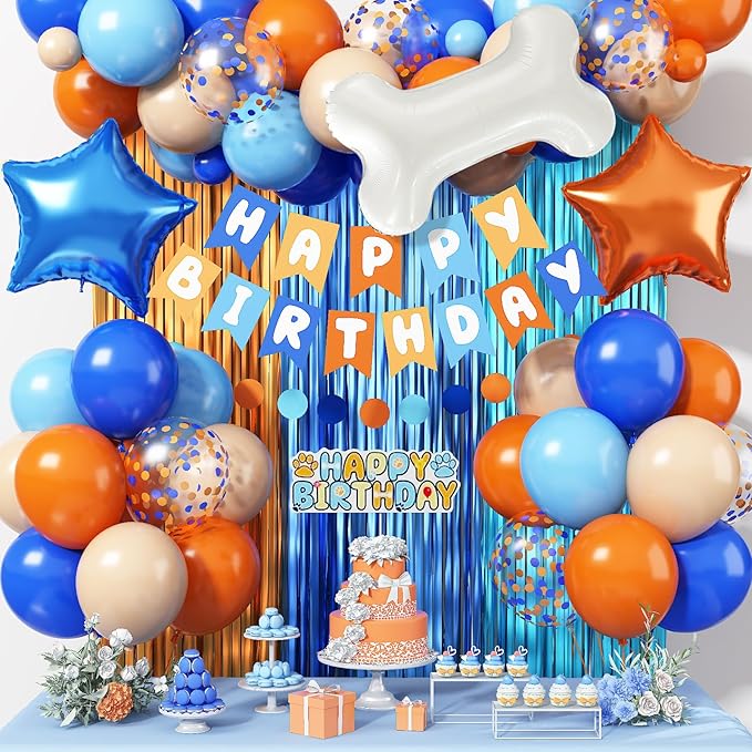 Orange and Blue Birthday Decorations for Boys, Orange Light Blue Nude Confetti Latex Balloons Dog Paw Cake Topper Bone Star Foil Balloon Happy Birthday Banner for Girl Boy Cartoon Theme Party Supplies