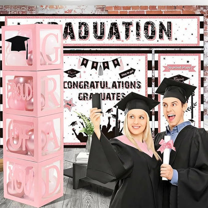 Graduation Decorations 2026,4 Pcs Transparent Balloon Boxes with Letters of GRAD,PROUD OF YOU,Class of 2026 and 130pcs Light Pink Balloons Arch for High School College 2026 Grad Party Supplies