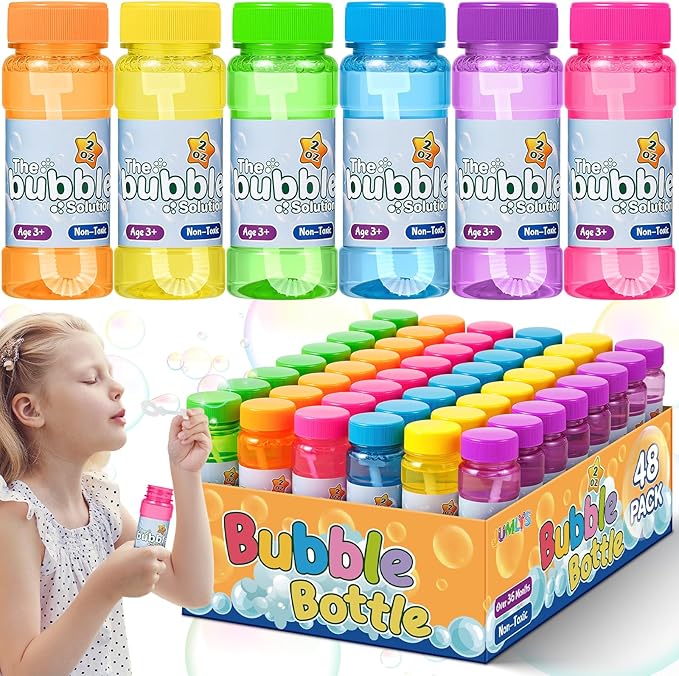 48 Pack Bubble Bottles with Wand in 6 Colors, Bulk Party Favors for Kids, Birthday, Christmas, New Year, Valentine, Carnival, School Classroom Prizes for Boys & Girls, Ideal Goodies Bags Stuffers
