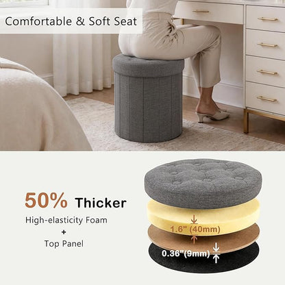 CAROLMADE Round Storage Ottoman, Linen Folding Footrest Stool