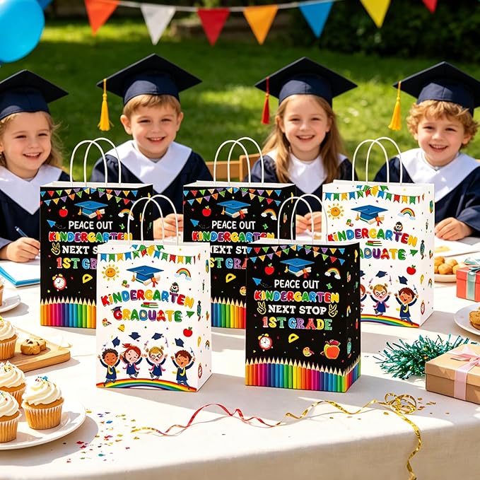 MOIZYNG 16PCS Kindergarten Graduation Gift Bags with Handles, Peace Out Kindergarten Next Stop 1st Grade Paper Treat Candy Goodie Bags for Boys Girls Kids Graduation Party Favors Supplies