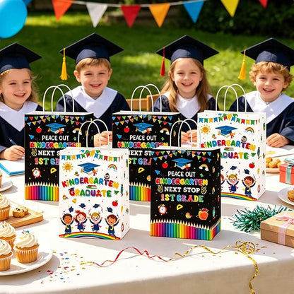 MOIZYNG 16PCS Kindergarten Graduation Gift Bags with Handles, Peace Out Kindergarten Next Stop 1st Grade Paper Treat Candy Goodie Bags for Boys Girls Kids Graduation Party Favors Supplies