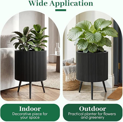 Giantex 16 inch Plant Pot with Stand Set of 2, Mid-Century Modern Fluted Planter with Built-in Drainage Holes, Metal Flower Pot with Tapered Legs for Living Room, Office, Porch, Garden