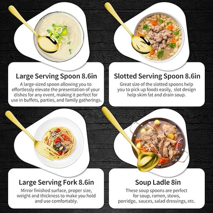 Gisly Gold 12 Pieces Serving Utensils Include Large Serving Spoons,Slotted Serving Spoons,Serving Forks,Serving Tongs,Appetizers Tongs,Soup Ladle and Pie Cake Server for Buffet Catering