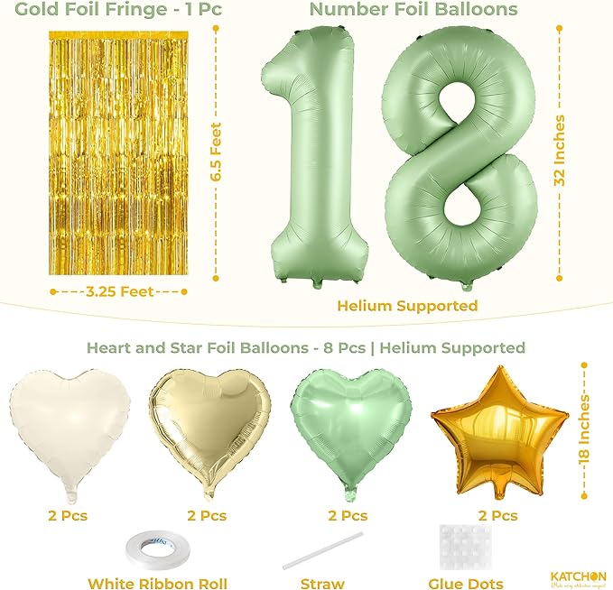 KatchOn, Sage Green 18th Birthday Decorations Set – Pack of 49 | Sage Green 18 Balloon Numbers, Star, Heart & Confetti Balloons, Gold Backdrop | 18th Sage Green Birthday Decorations for Girls, Boys