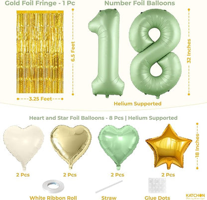 KatchOn, Sage Green 18th Birthday Decorations Set – Pack of 49 | Sage Green 18 Balloon Numbers, Star, Heart & Confetti Balloons, Gold Backdrop | 18th Sage Green Birthday Decorations for Girls, Boys