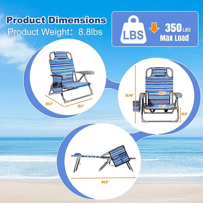 DIAMONDFORGE Lightweight Portable Beach Chair for Adults, 350 LBS Capacity Backpack Beach Chair, Reclining Beach Chair with 5-Position Lay Flat, Large Cup Holder for Beach Camping Sports, 1 Pack