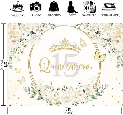 Homewelle Quinceañera Backdrop 7Wx5H Feet Polyester Fabric Mis Quince 15 Anos Birthday Party Decorations Supplies for Girl Princess White Floral Gold Crown Butterfly Photography Background Props