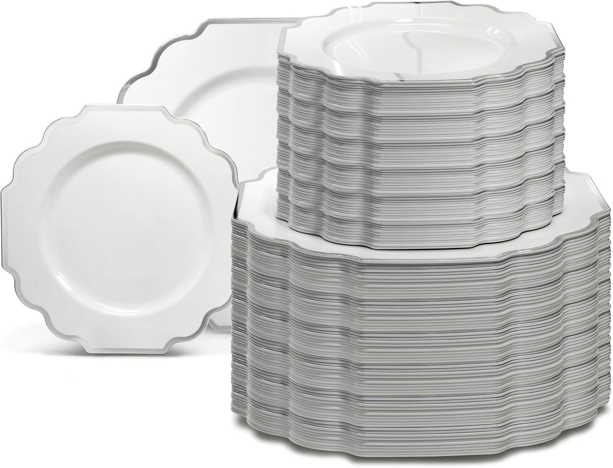 " OCCASIONS " 240 Plates Pack (120 Guests) Heavyweight Wedding Party Disposable Plastic Plates Set -120 x 10.5'' Dinner + 120 x 8'' Salad/Dessert Plate (Imperial in White & Silver Rim)