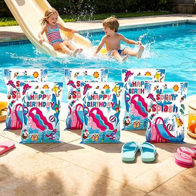 MOIZYNG 50Pcs Splish Splash Summer Birthday Gift Bags with Handles, Pink Splish Splash Happy Birthday Plastic Candy Treat Goodie Bags for Summer Pool Party Favors Supplies