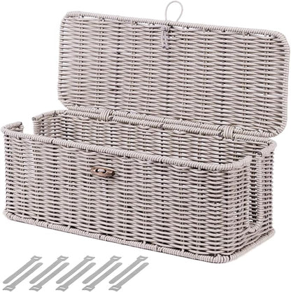 BROWNLILY Cable Management Box, Rattan Style Cord Organizer for Desk Cord Hider Outlet Covers Baby Proofing for Power Strip TV PC Router Charger Under Desk Storage with Lockable Lid and Cable Ties