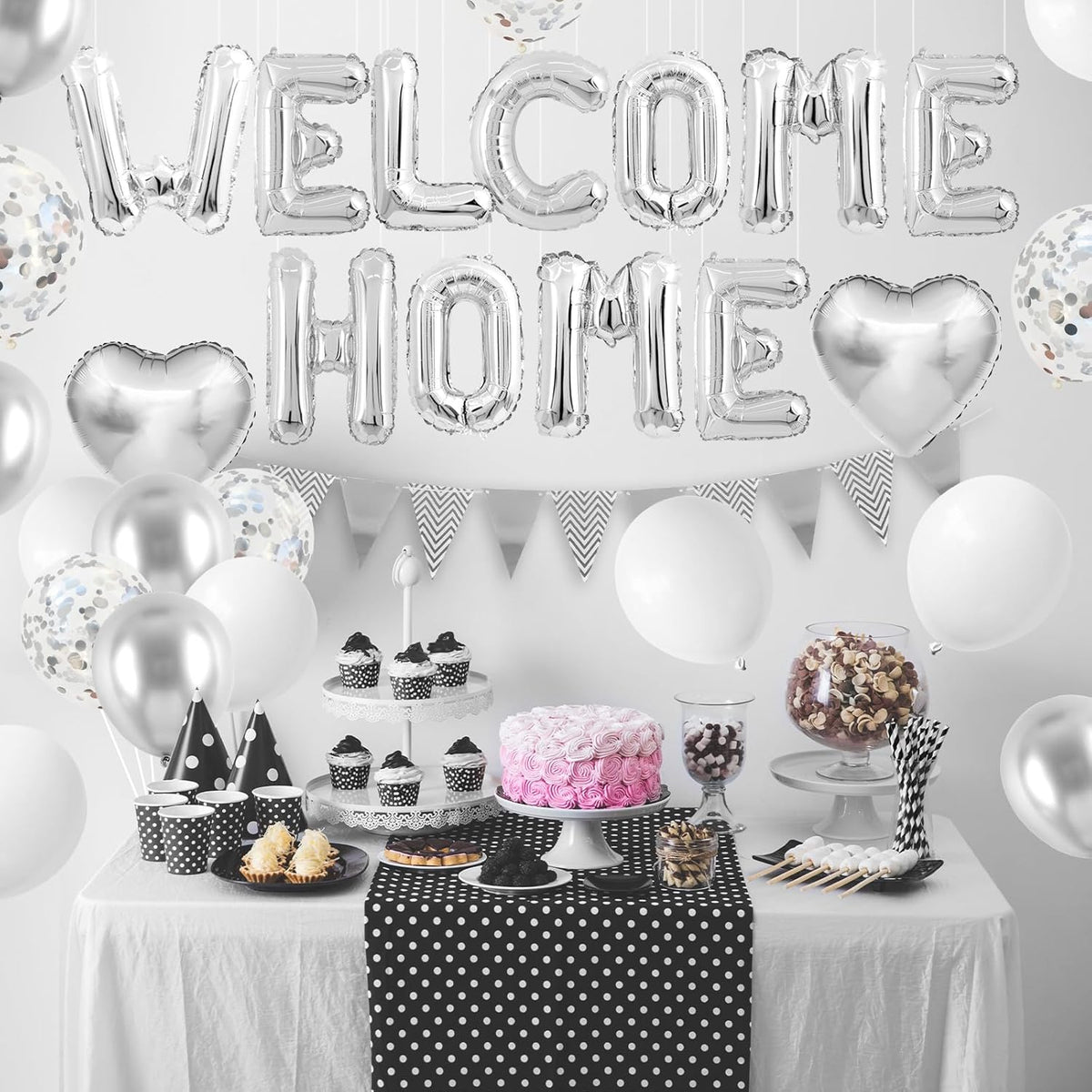 Welcome Home Decorations Silver,Welcome Home Foil Balloon Banner with Confetti Balloons,Silver Heart Balloons Pennant Flag Bunting for Housewarming Baby Shower Home Family Party Supplies