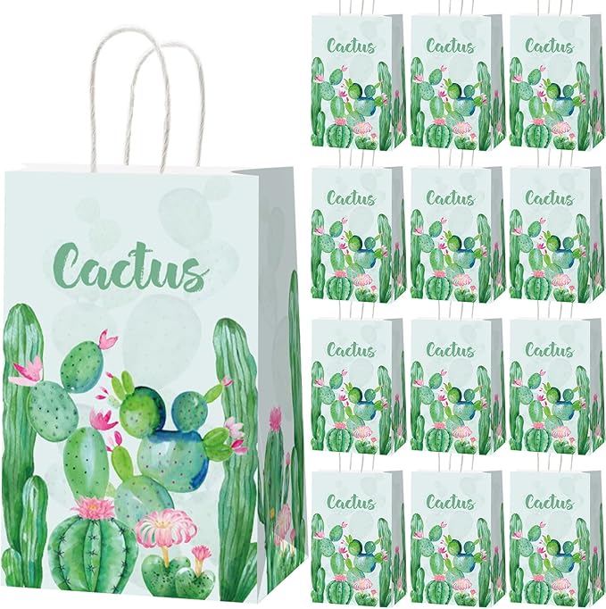 gisgfim 12 Pieces Cactus Party Favor Bags Cactus Theme Birthday Goodie Treat Paper Bags Boho Floral Party Supplies Decorations for Baby Shower Birthday Gifts