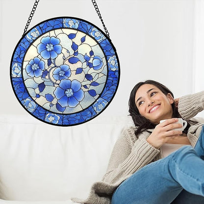 Stained Glass Window Hanging, Blue and White Plum Blossom Sun Catcher for Door Home Decor Flowers Suncatcher Christmas Mother's Day Birthday Gifts for Women Men Mom and Nana 15 in